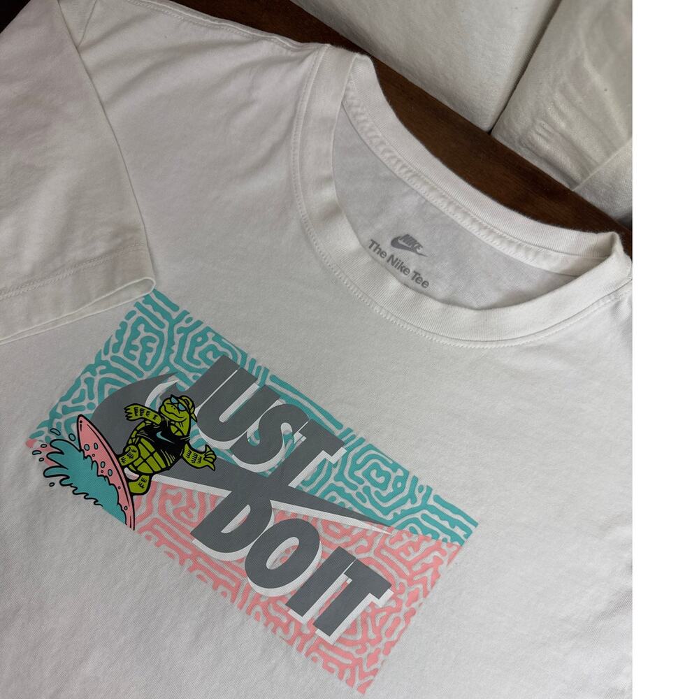 NIKE Just Do It Surfin Turtle T-Shirt White Teal & Pink Vinyl Graphic Men's XXL
